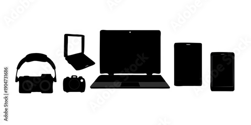 Modern technology devices including a laptop, phone, tablet, and gaming accessories Vector