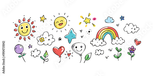 A vibrant and colorful illustration of various weather and nature elements Vector