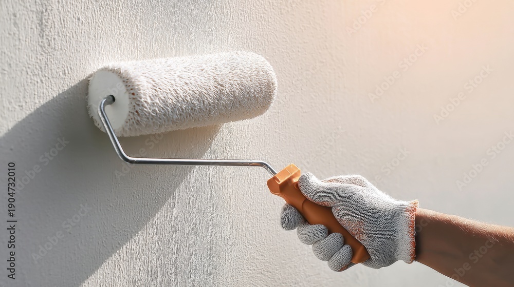 Obraz premium Professional Painter Applying Fresh White Paint on Wall with Roller in Bright Sunlight