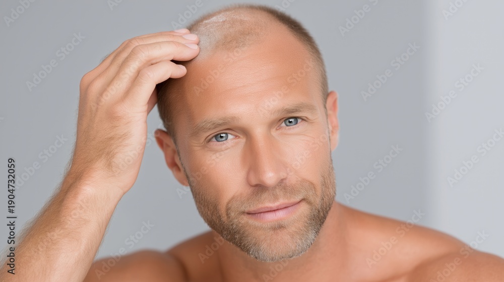 Fototapeta premium A man with a bald head is smiling and looking at the camera