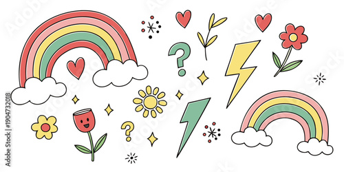 Colorful illustration of various objects and elements in a playful and vibrant scene Vector