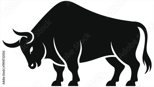 Taurus Bull Silhouette Vector. Powerful Black Horned Animal Icon, Zodiac Astrology Sign Illustration. Strong Ox Mascot Isolated on White Background for Logo or Graphic Design.