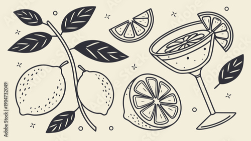Vintage hand-drawn sketch of fresh lemons on a branch and a refreshing citrus cocktail.