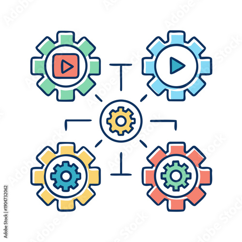 Interconnected gears and icons representing various technological processes and functions. Vector