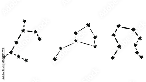 Minimalist dot and line zodiac constellation silhouette vector set, isolated monochrome black Leo, Libra, Scorpio astrological star maps, celestial esoteric astrology illustration for decor, horoscope