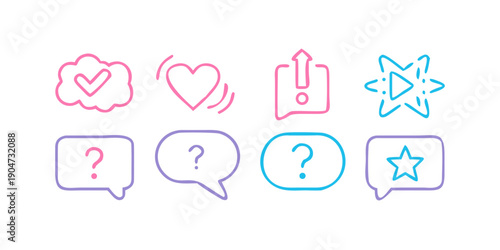 A collection of colorful speech bubbles with various symbols and icons inside them Vector
