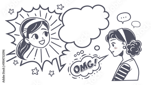 Manga drawing featuring two female characters with expressive speech and thought bubbles in comic style.