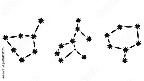 Zodiac Constellation Vector Silhouettes. Black Star Signs Set for Astrology and Horoscope Design. Minimalist Dot and Line Astronomy Symbols or Icons Isolated on White Background.