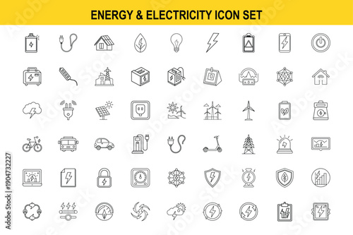 Energy and electricity icon set with renewable power, battery, charging, solar and electric symbols editable line style. vector illustration.