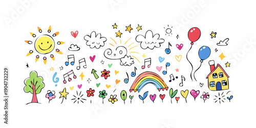 A vibrant and colorful illustration of various objects and creatures in a playful scene Vector