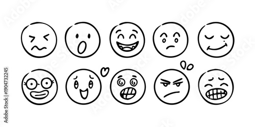 A diverse collection of nine distinct facial expressions depicted as simple line drawings Vector