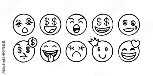 A collection of various emoticons expressing different emotions and facial expressions Vector