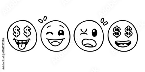 Four faces showing different emotions and symbols Vector