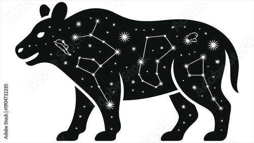 Ursa Major Great Bear Constellation Vector Silhouette, Celestial Wild Bear Filled with Night Sky Stars, Zodiac Astrology Cosmic Wildlife Monochrome Illustration for Print, Logo, Wall Art Decor.