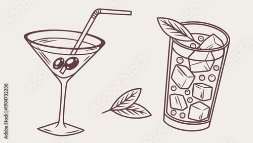 Hand drawn sketch of two different alcoholic cocktails in a martini and highball glass.
