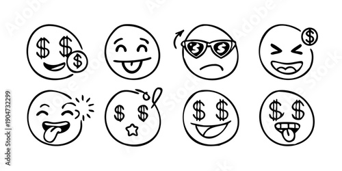 A collection of diverse emoticons expressing various emotions and reactions Vector