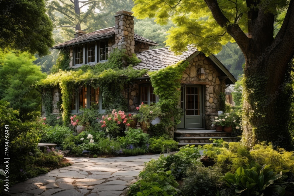 Naklejka premium Rustic stone cottage nestled in a vibrant blooming garden, featuring a winding flagstone path