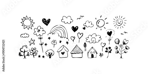 A delightful illustration of various weather and nature icons in a playful style Vector