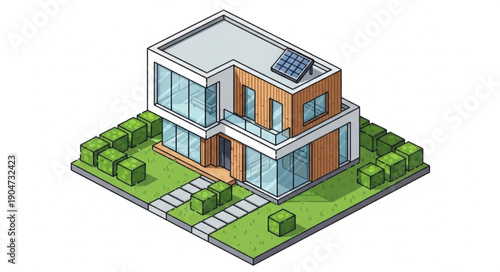 Modern Isometric House with Solar Panel and Garden.