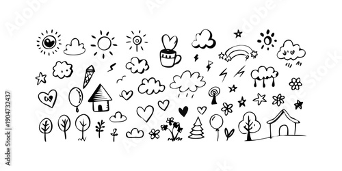 A diverse collection of various weather and nature icons in black and white. Vector