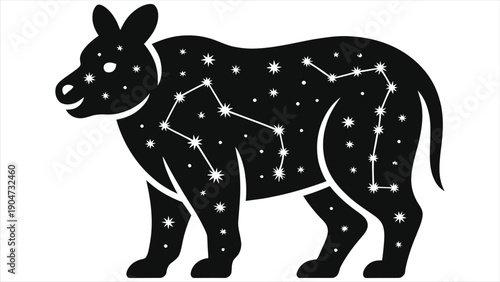 Black animal silhouette filled with star constellations. Zodiac and astrology related vector illustration featuring celestial stars and connecting lines inside a mystical beast shape