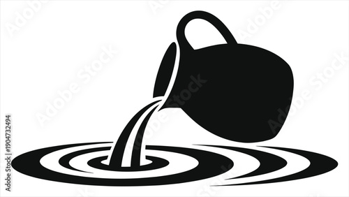 Aquarius Zodiac Sign Silhouette Vector. Water Bearer pitcher pouring liquid into ripples icon. Black minimalist astrology symbol for horoscope, mystic, esoteric, and celestial graphic design element.