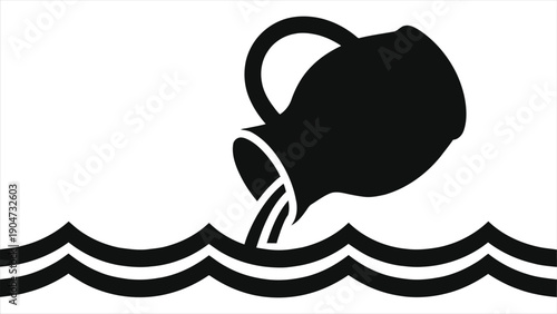 Aquarius Zodiac Sign Water Bearer Silhouette Vector Icon - Pouring Pitcher with Ripples, Black and White Minimal Illustration for Horoscope, Astrology, Birthday, Logo Design, tattoo, emblem, mystical 