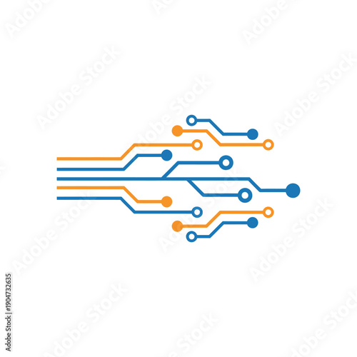 Abstract digital circuit pattern with blue and orange lines and nodes