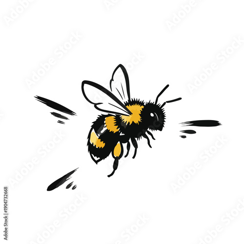 Cute cartoon bumblebee illustration with black stripes and fuzzy body flying with motion lines