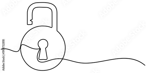 open padlock continuous one line drawing, minimalist continuous in one line real estate lock icon concept of safety and security isolated on white background. 