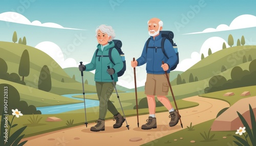 Elderly couple walking with hiking sticks illustration active wellness landscape