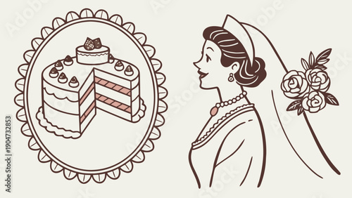 Vintage style illustration of a smiling bride in profile and a layered wedding cake