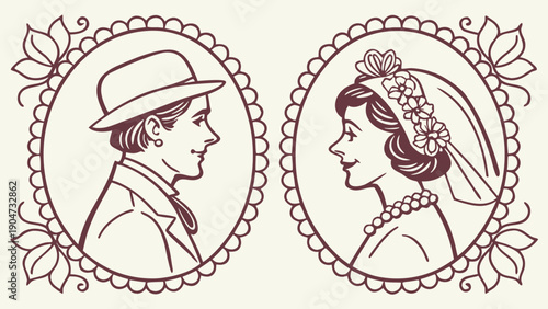 Vintage style line art illustration of a bride and groom in decorative oval frames.