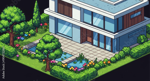 Modern Isometric House with Lush Green Garden and Pond.