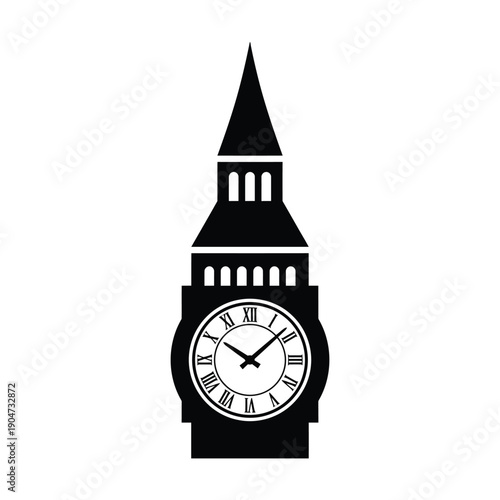 A striking black silhouette of a clock tower with a detailed face