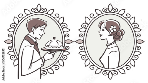 Elegant vintage illustration of a waiter serving a meal and a lady in a decorative frame