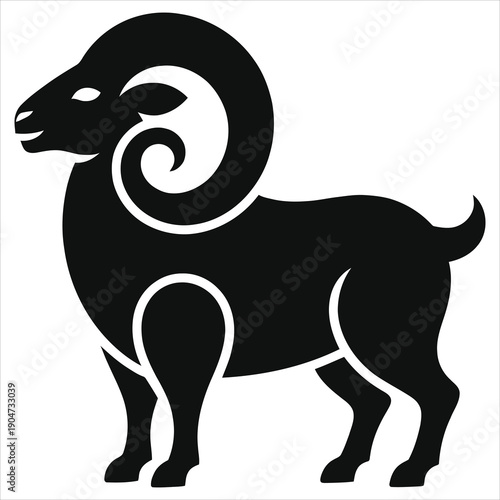 Aries Ram Zodiac Sign Black Vector Silhouette Stylized Horoscope Icon Minimalist Astrology Symbol Curly Horns Animal Logo Stencil Graphic Design Element Isolated on White Background.