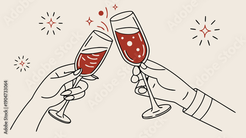 Two hands holding champagne glasses clinking together in a toast with festive sparks
