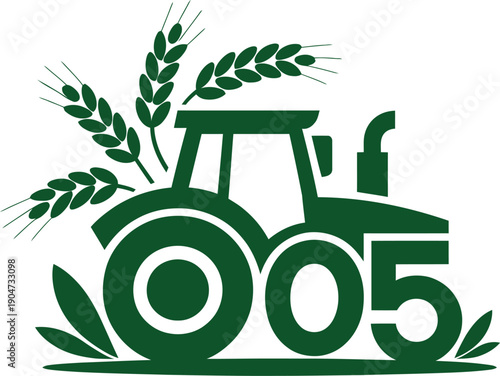 Tractor with wheat sheaves and leaves symbolizing agriculture and agriculture