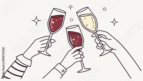 Minimalist illustration of hands holding wine glasses for a toast during a party or celebration.