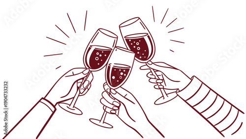 Minimalist illustration of three hands holding and clinking glasses of dark red sparkling wine with burst lines on a plain white background.