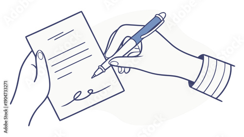 Illustration of a person signing a legal document or contract with a blue pen.