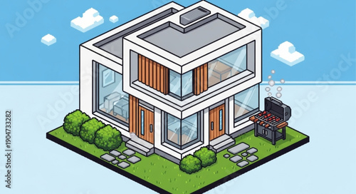 Modern Isometric House with Outdoor Grill and Green Lawn.