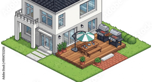 Modern Isometric House with Outdoor Deck and Grill.