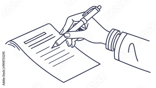 Minimalist line drawing of a person's hand writing with a ballpoint pen on a notebook page.