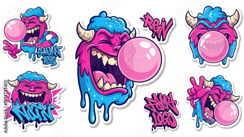 Cartoon monster characters blowing bubble gum with graffiti elements