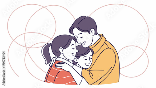 Happy father embracing his two daughters with joy and affection in a modern line art style