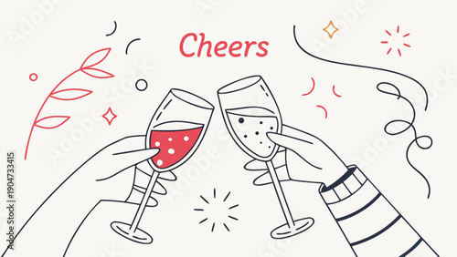 Two hands holding glasses of wine and champagne for a celebratory toast with the word cheers.