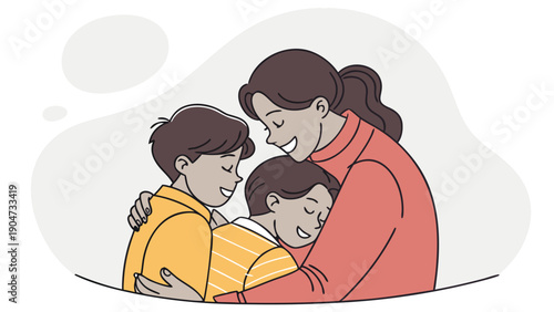 Happy mother embracing her two young sons in a warm and loving family hug