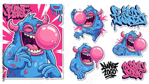 Cartoon monster blowing bubble gum stickers and graffiti illustrations